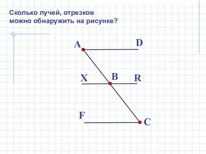 Сколько лучей, отрезков можно обнаружить на рисунке? A B C D R X F