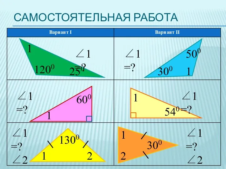 САМОСТОЯТЕЛЬНАЯ РАБОТА 1 600 ∠1 =? 1 540 ∠1 =? 1