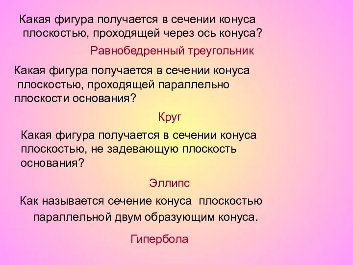 Какая фигура получается в сечении конуса плоскостью, проходящей через ось конуса?