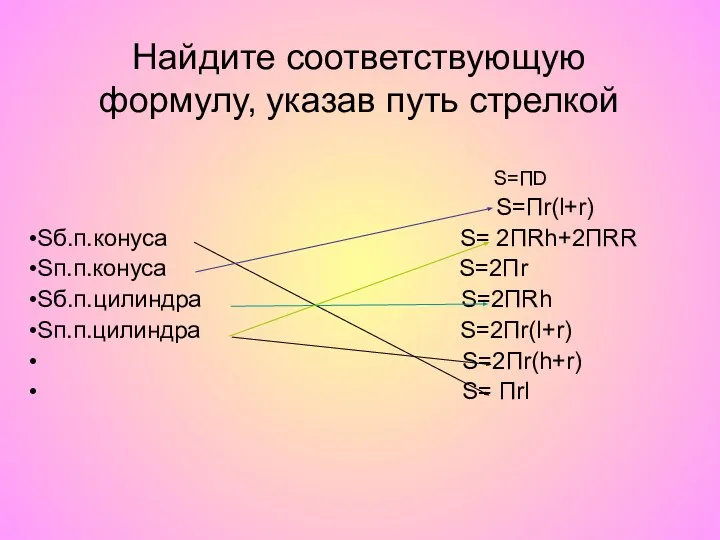 S=ПD S=Пr(l+r) Sб.п.конуса S= 2ПRh+2ПRR Sп.п.конуса S=2Пr Sб.п.цилиндра S=2ПRh Sп.п.цилиндра S=2Пr(l+r)