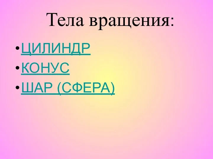 ЦИЛИНДР КОНУС ШАР (СФЕРА) Тела вращения: