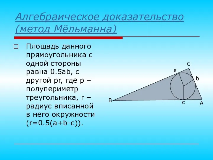 Алгебраическое доказательство (метод Мёльманна) Площадь данного прямоугольника с одной стороны равна