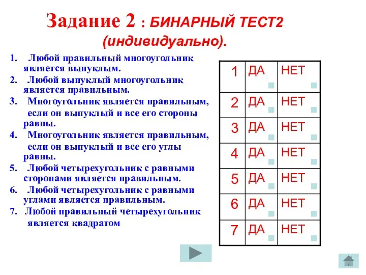 Задание 2 : БИНАРНЫЙ ТЕСТ2 (индивидуально). 1. Любой правильный многоугольник является