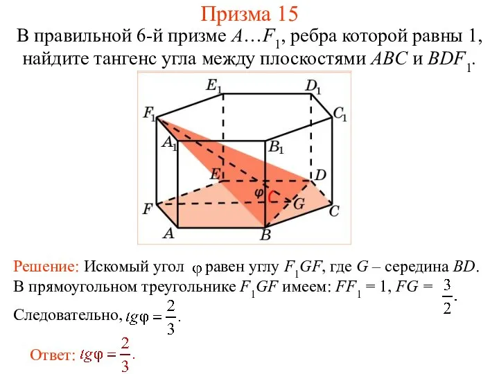 В правильной 6-й призме A…F1, ребра которой равны 1, найдите тангенс