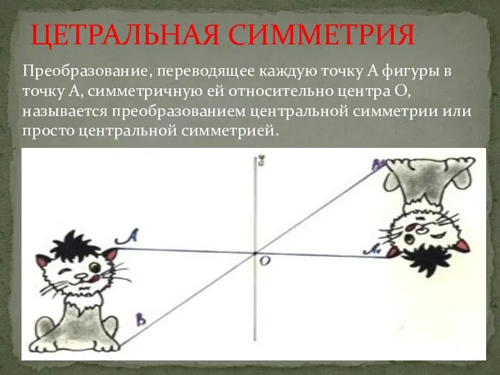 ЦЕТРАЛЬНАЯ СИММЕТРИЯ Преобразование, переводящее каждую точку А фигуры в точку А,