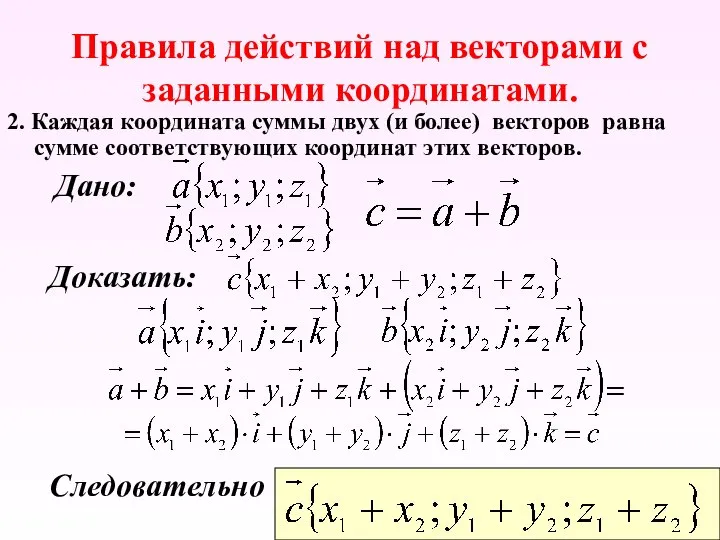 Правила действий над векторами с заданными координатами. 2. Каждая координата суммы