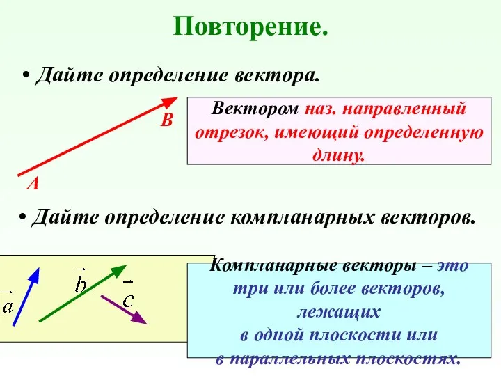 Повторение. Дайте определение вектора. А В Вектором наз. направленный отрезок, имеющий