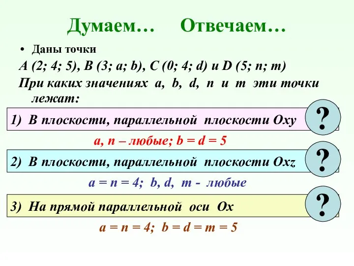 Думаем… Отвечаем… Даны точки А (2; 4; 5), В (3; а;