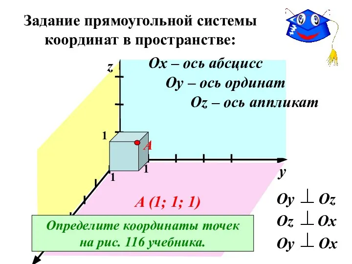 Задание прямоугольной системы координат в пространстве: О y Оy Оz Оz