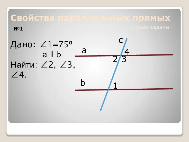 Свойства параллельных прямых Устные задачи №1 а b c 4 2