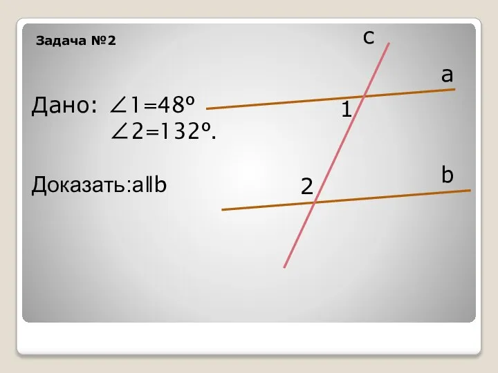 Задача №2 а b с 1 2 Дано: ∠1=48º ∠2=132º. Доказать:аǁb