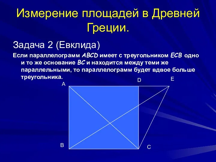 Измерение площадей в Древней Греции. Задача 2 (Евклида) Если параллелограмм ABCD