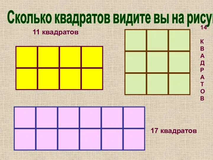 Сколько квадратов видите вы на рисунках? 11 квадратов 14 К В