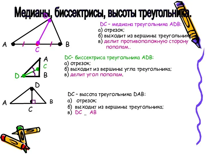 Медианы, биссектрисы, высоты треугольника. DС – медиана треугольника АDВ: а) отрезок;