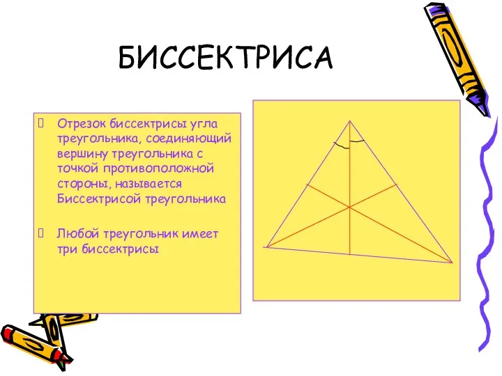 БИССЕКТРИСА Отрезок биссектрисы угла треугольника, соединяющий вершину треугольника с точкой противоположной