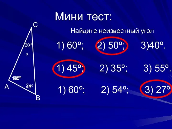 Мини тест: А В С Найдите неизвестный угол 200 400 ?