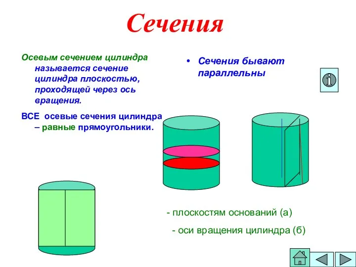 Сечения Осевым сечением цилиндра называется сечение цилиндра плоскостью, проходящей через ось