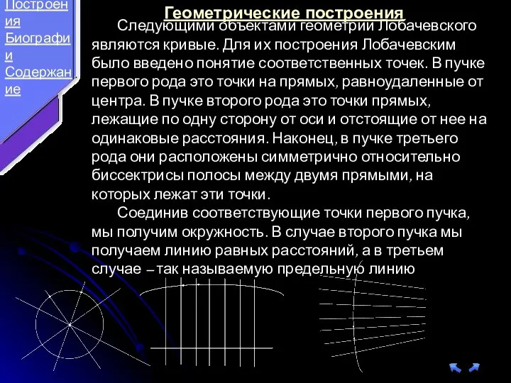 Следующими объектами геометрии Лобачевского являются кривые. Для их построения Лобачевским было