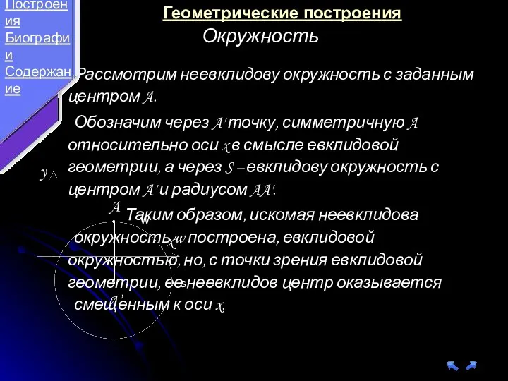 Рассмотрим неевклидову окружность с заданным центром A. Обозначим через A' точку,