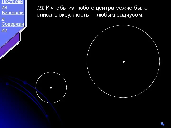 III. И чтобы из любого центра можно было описать окружность любым радиусом. Теория Построения Биографии Содержание