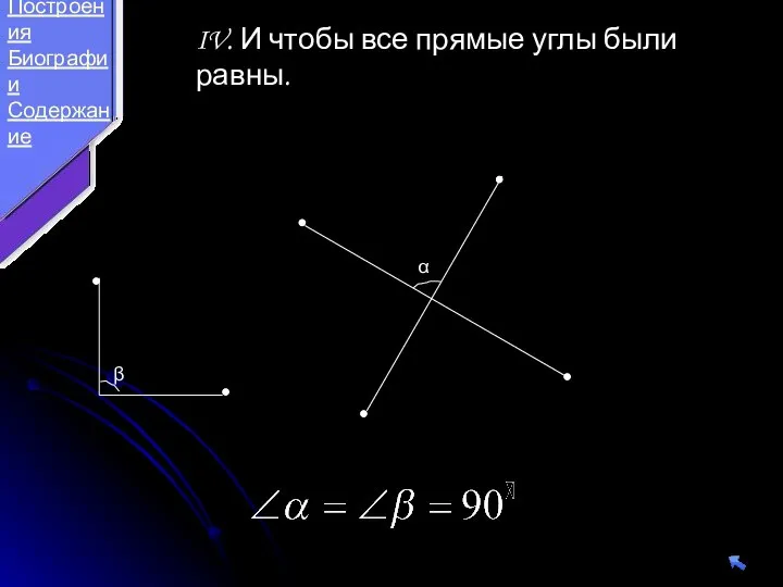 IV. И чтобы все прямые углы были равны. α β Теория Построения Биографии Содержание