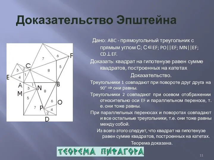 Доказательство Эпштейна Дано: ABC - прямоугольный треугольник с прямым углом С;