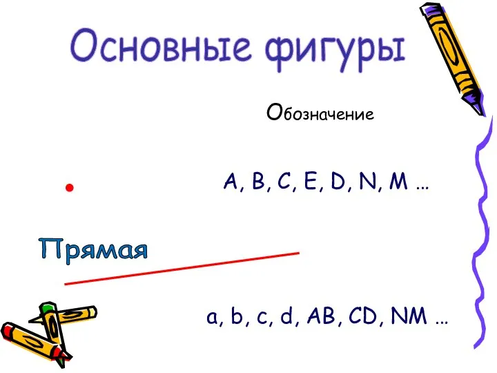 Обозначение . А, В, С, Е, D, N, M … .