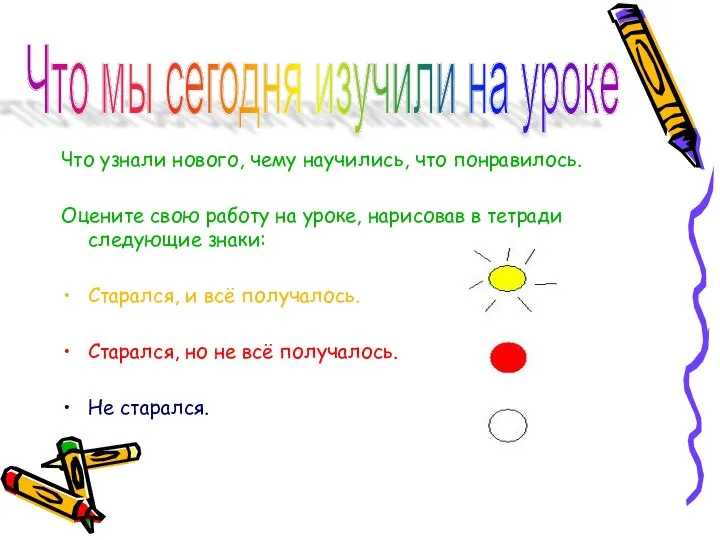 Что узнали нового, чему научились, что понравилось. Оцените свою работу на