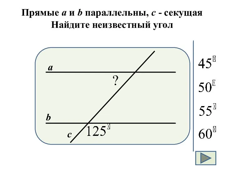 Прямые а и b параллельны, с - секущая Найдите неизвестный угол а b с