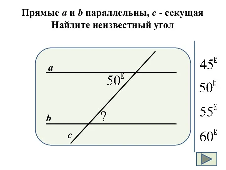 Прямые а и b параллельны, с - секущая Найдите неизвестный угол а b с