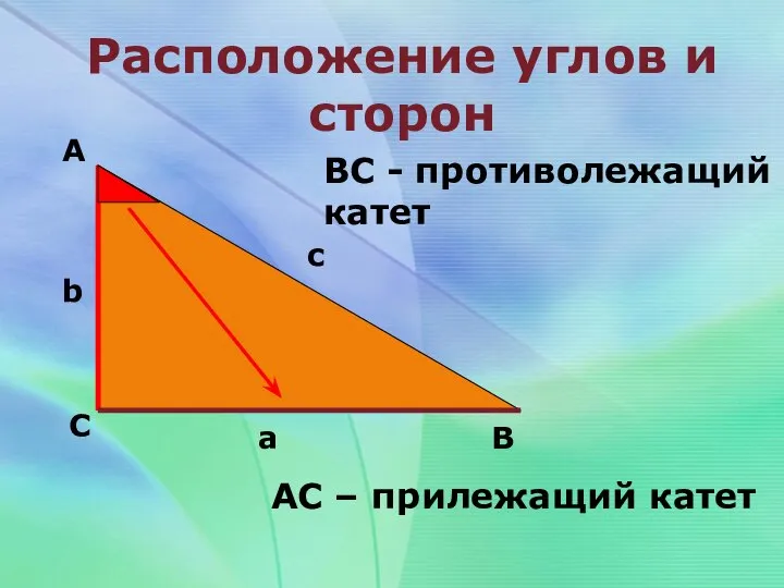 Расположение углов и сторон А С В b c a ВС