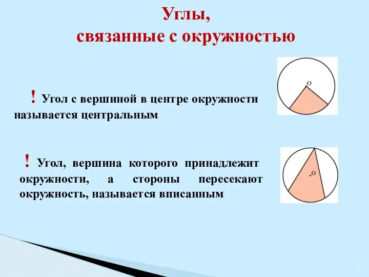 ! Угол с вершиной в центре окружности называется центральным ! Угол,