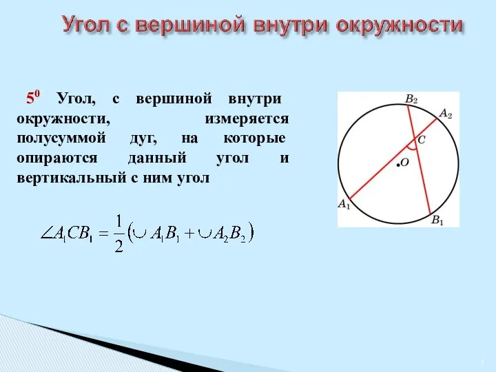 50 Угол, с вершиной внутри окружности, измеряется полусуммой дуг, на которые