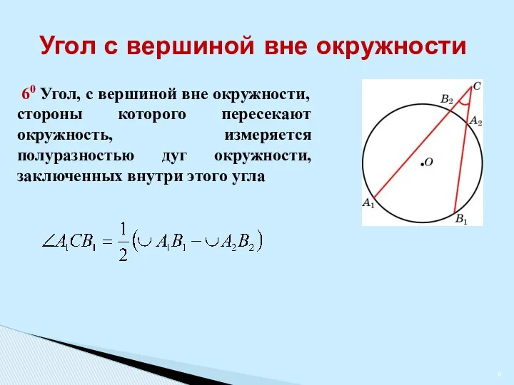 Угол с вершиной вне окружности 60 Угол, с вершиной вне окружности,