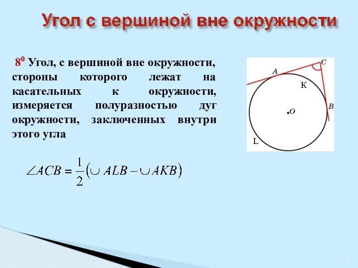 80 Угол, с вершиной вне окружности, стороны которого лежат на касательных