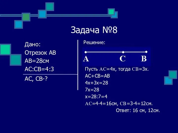 Задача №8 Решение: Пусть AC=4x, тогда CB=3x. AC+CB=AB 4x+3x=28 7x=28 x=28:7=4