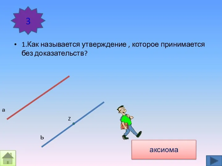 1.Как называется утверждение , которое принимается без доказательств? 3 а аксиома