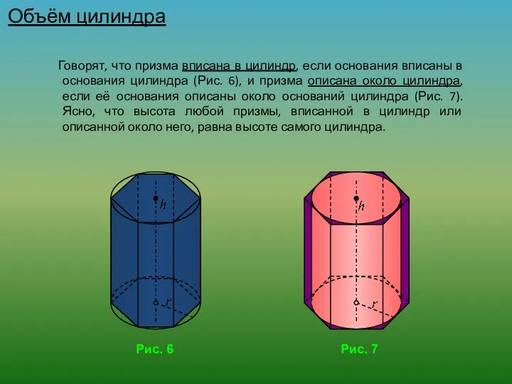 Объём цилиндра Говорят, что призма вписана в цилиндр, если основания вписаны