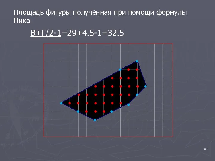 Площадь фигуры полученная при помощи формулы Пика В+Г/2-1=29+4.5-1=32.5