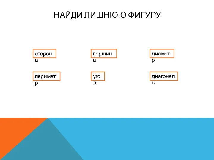 НАЙДИ ЛИШНЮЮ ФИГУРУ сторона вершина диаметр периметр угол диагональ