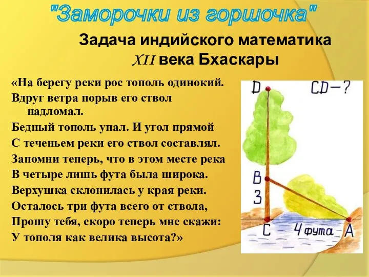 Задача индийского математика XII века Бхаскары «На берегу реки рос тополь