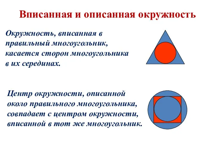 Окружность, вписанная в правильный многоугольник, касается сторон многоугольника в их серединах.