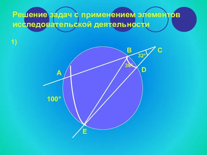 Решение задач с применением элементов исследовательской деятельности 1) А Е В С D 100° 36° 32°