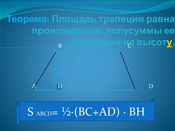 Теорема: Площадь трапеции равна произведению полусуммы ее оснований на высоту. В