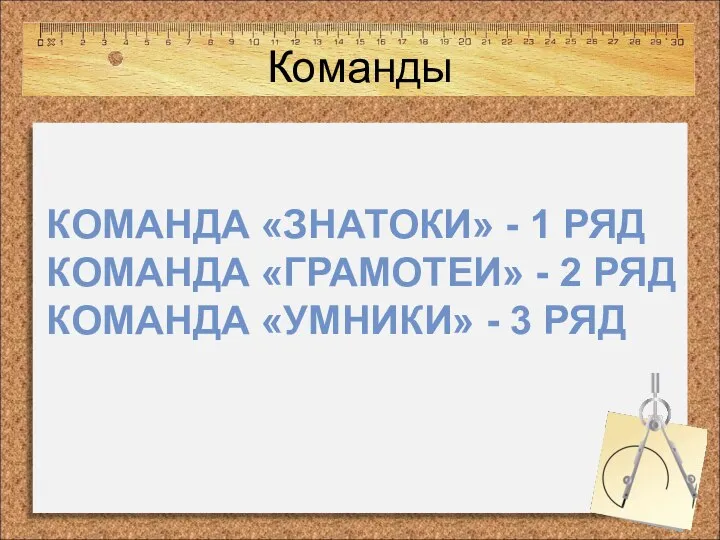 Команды КОМАНДА «ЗНАТОКИ» - 1 РЯД КОМАНДА «ГРАМОТЕИ» - 2 РЯД КОМАНДА «УМНИКИ» - 3 РЯД