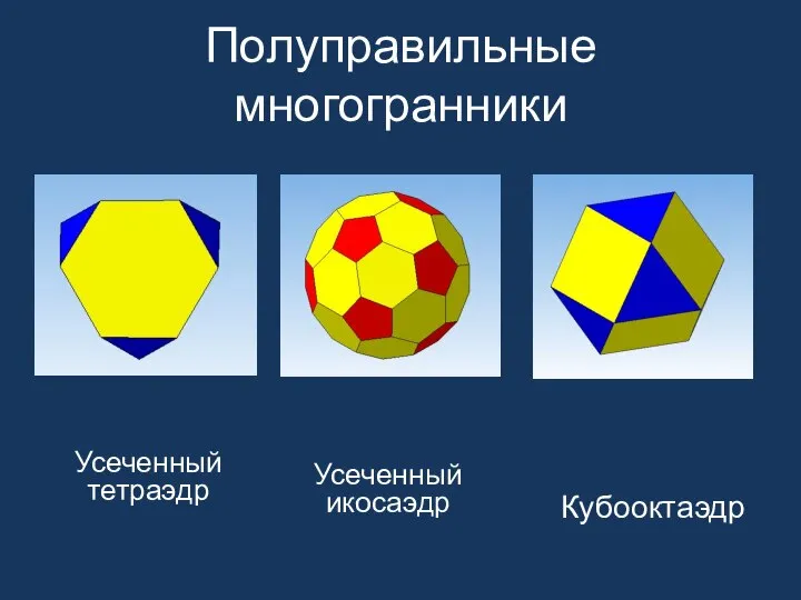 Полуправильные многогранники Усеченный тетраэдр Усеченный икосаэдр Кубооктаэдр