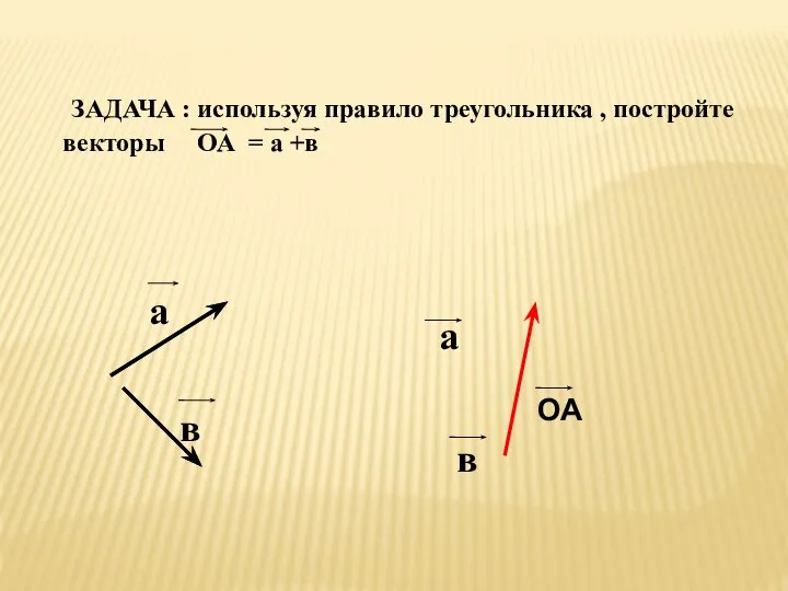 ЗАДАЧА : используя правило треугольника , постройте векторы ОА = а