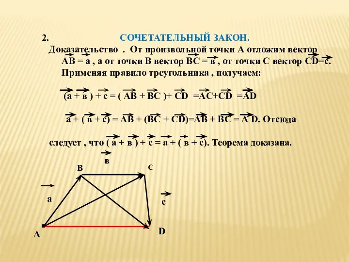 СОЧЕТАТЕЛЬНЫЙ ЗАКОН. Доказательство . От произвольной точки А отложим вектор АВ