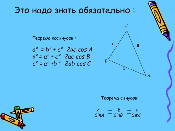 Это надо знать обязательно : Теорема косинусов : а² = b²+