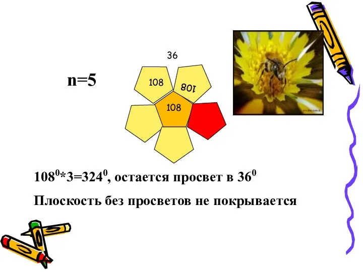 108 108 108 36 n=5 1080*3=3240, остается просвет в 360 Плоскость без просветов не покрывается